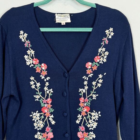 Vintage Susan Bristol Navy Floral Embroidered Cardigan 90s S - Picture 2 of 7